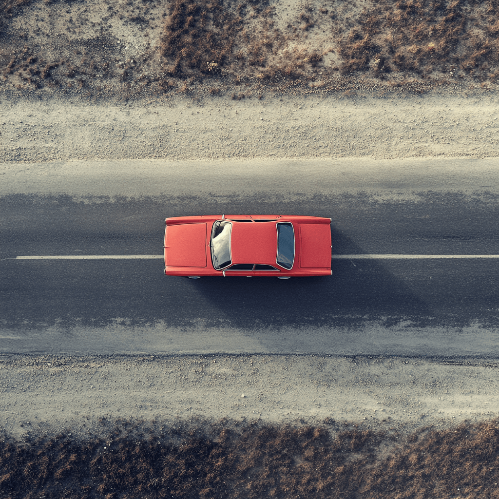 top down view of a red car driving on a desert road