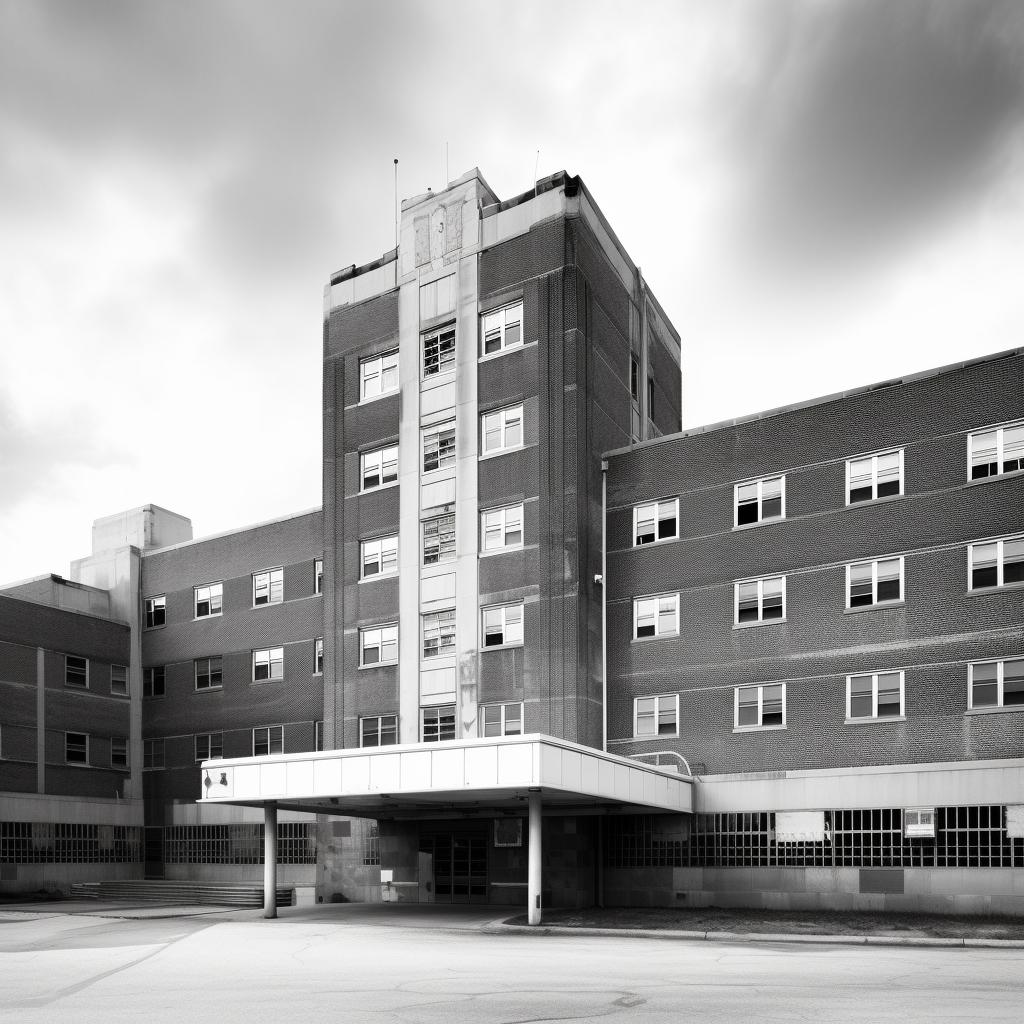 A grayscale photo of a hospital