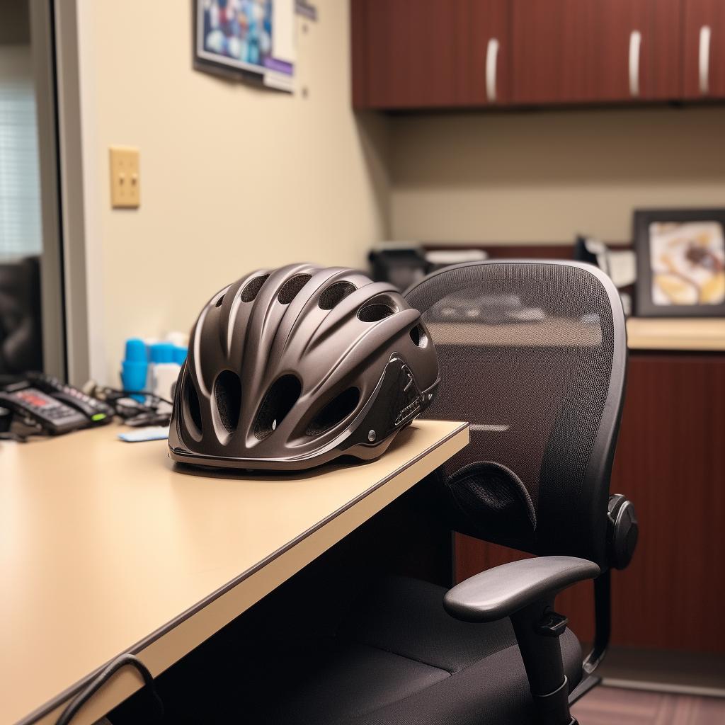 A cyclist's helmet sits on the table at a doctor's office