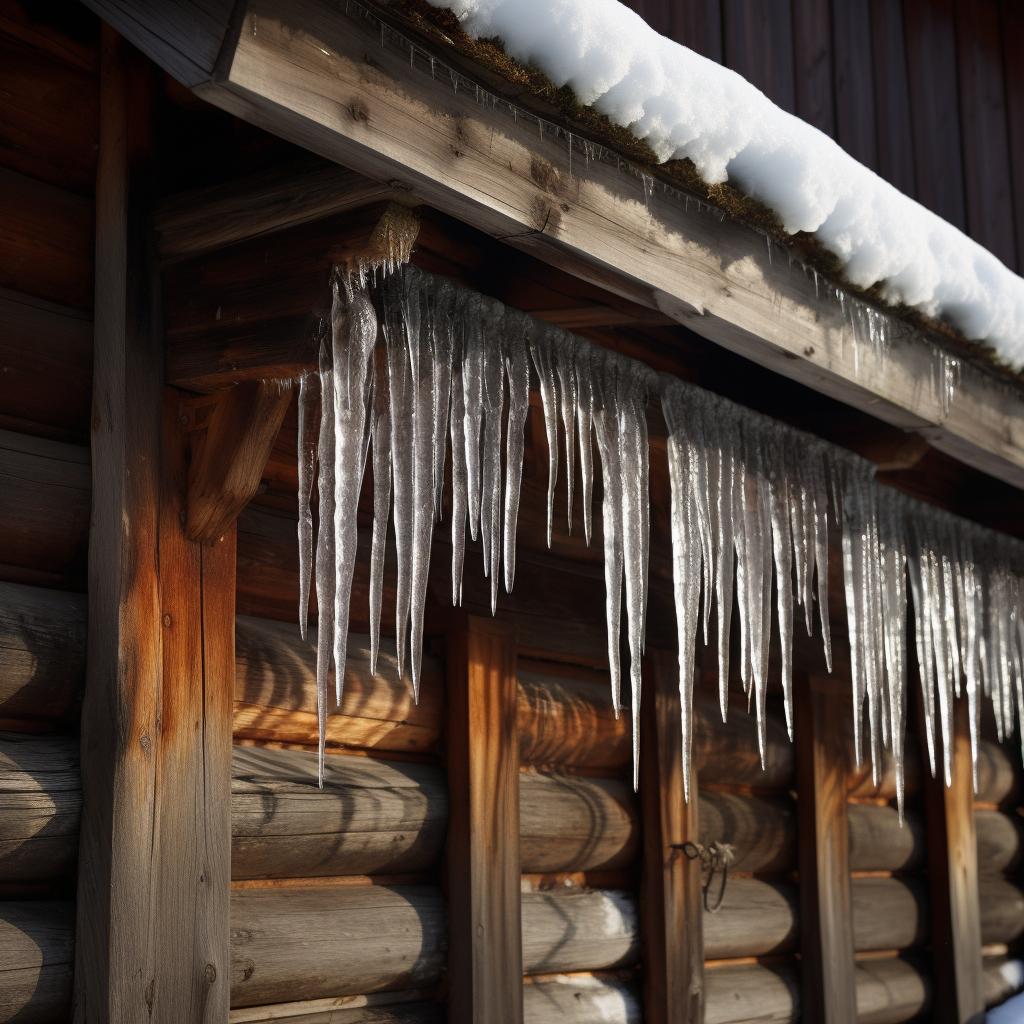 Icicles hanging off the roof of a log cabin