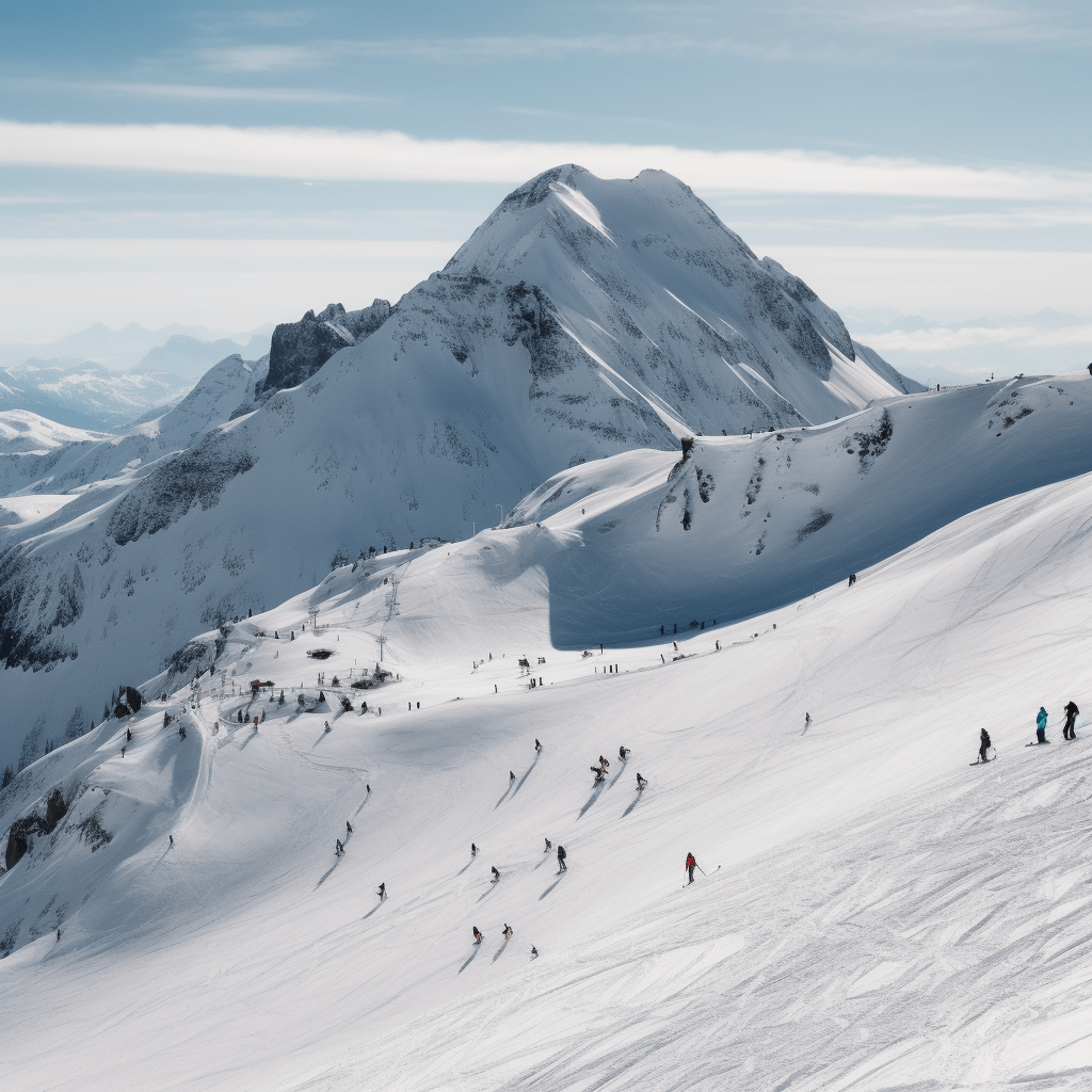 A photo of skiers skiing down a snow-covered mountain on a clear day