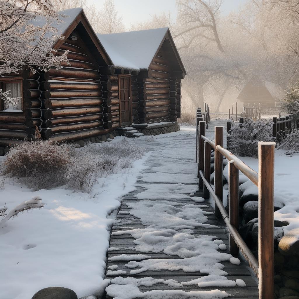 A snow-covered log cabin with an icy walk way