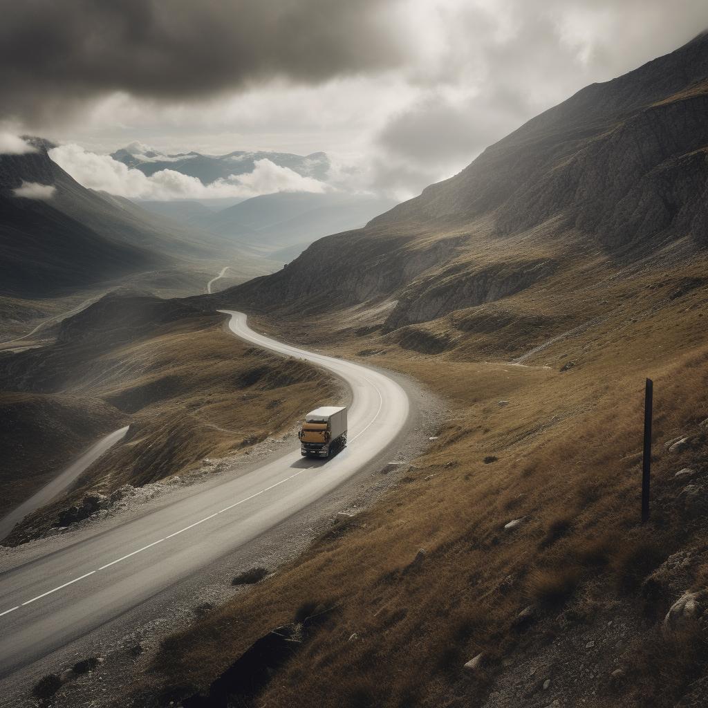 An orange and white truck drives up a  windy mountain pass on a cloudy day