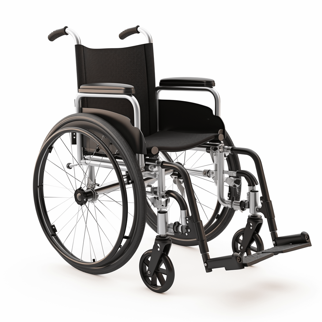 A black wheelchair in front of a white background
