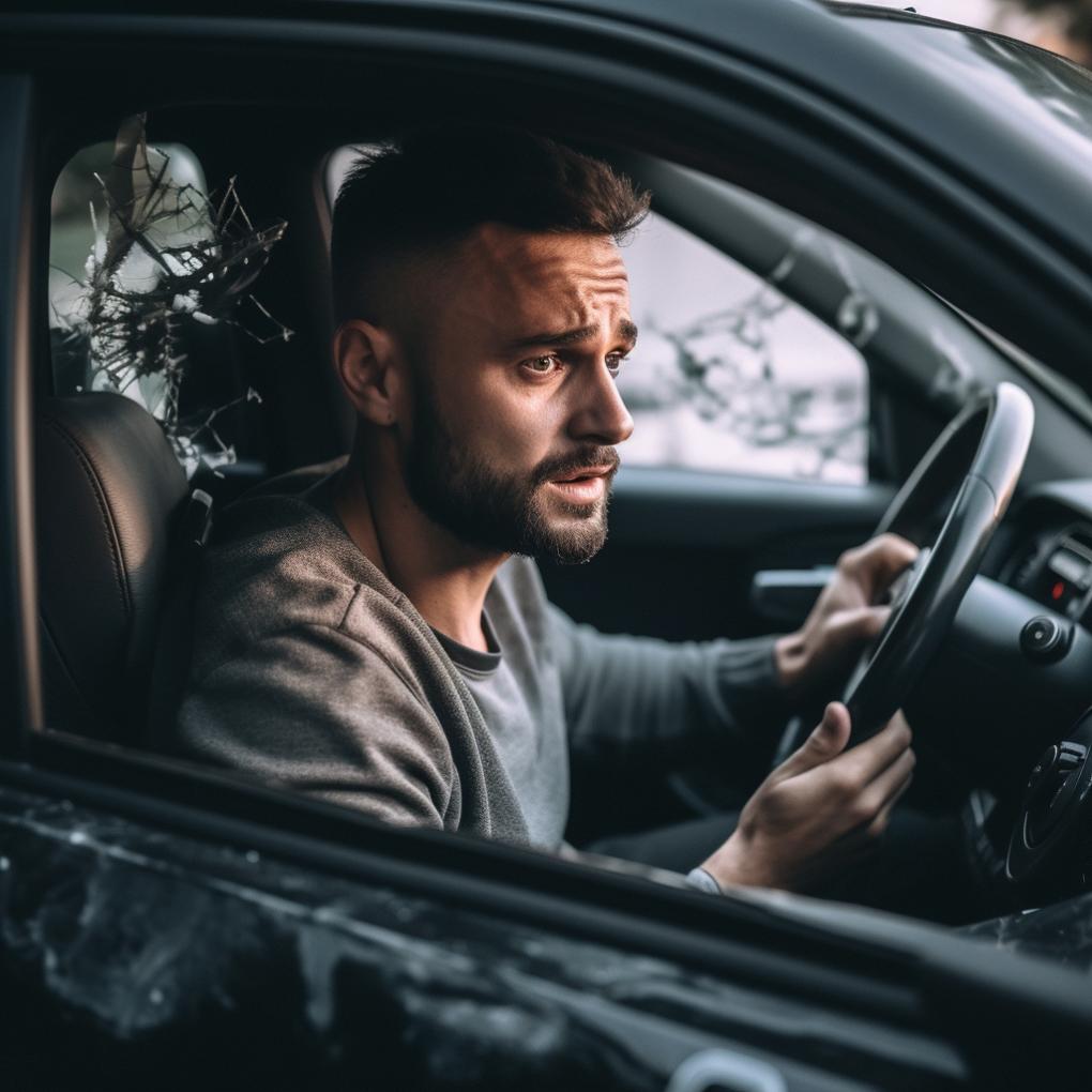 frustrated driver behind wheel after being hit by a hit and run driver