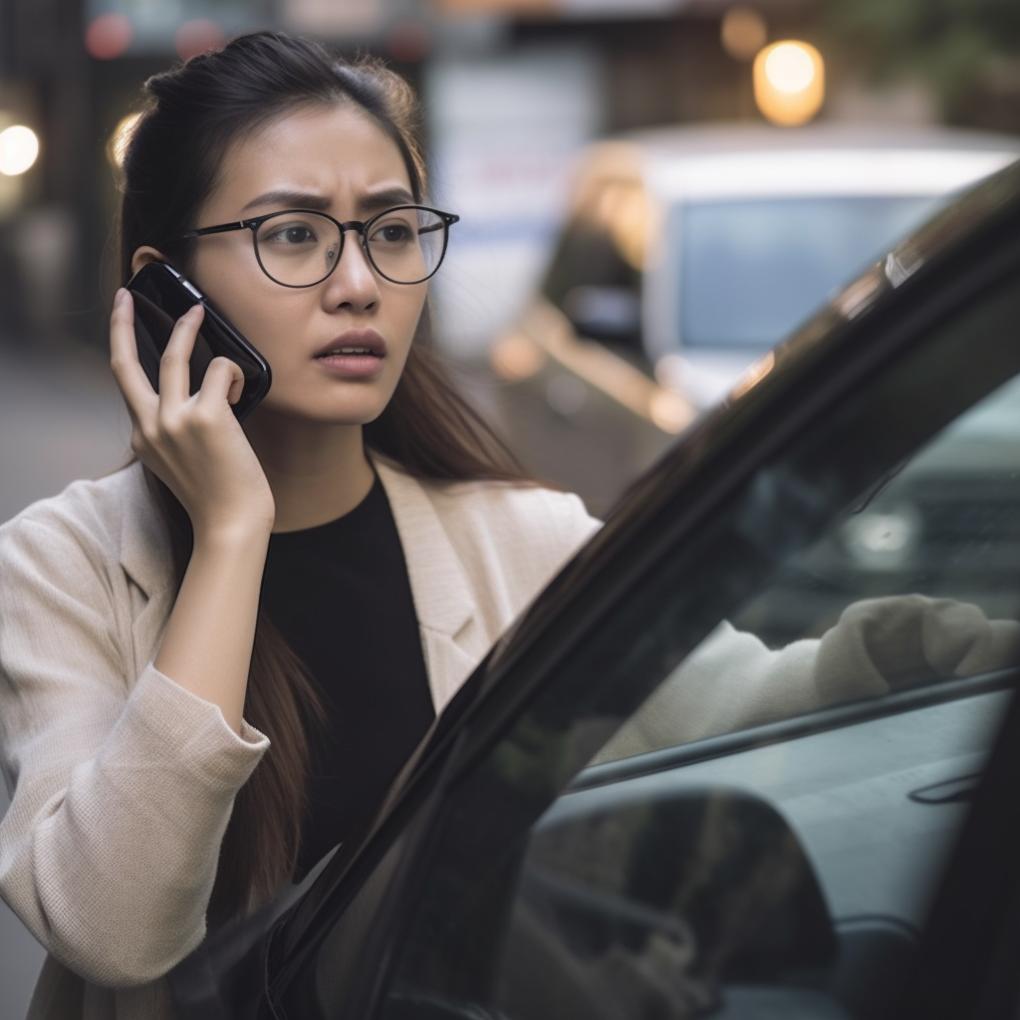 woman on cell phone standing next to car