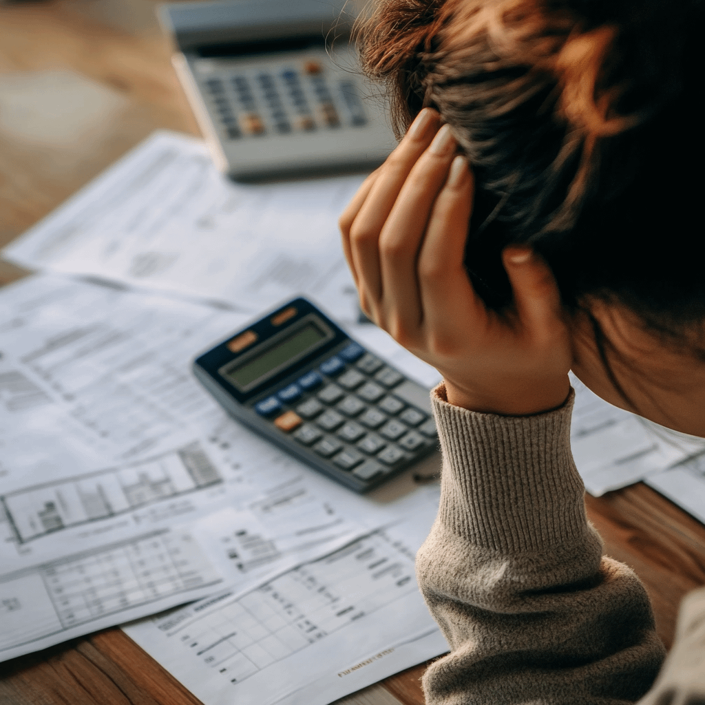 a person looking at paperwork while holding their hand to their head