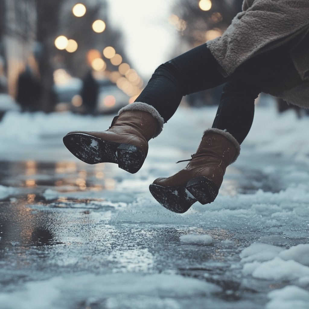 a person slipping on an icy sidewalk