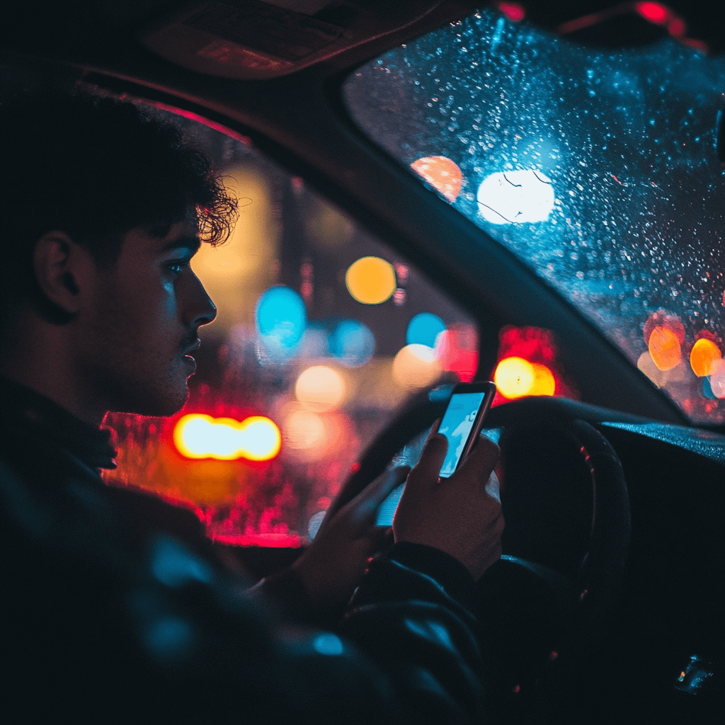 A man looking at his phone at the wheel of a car