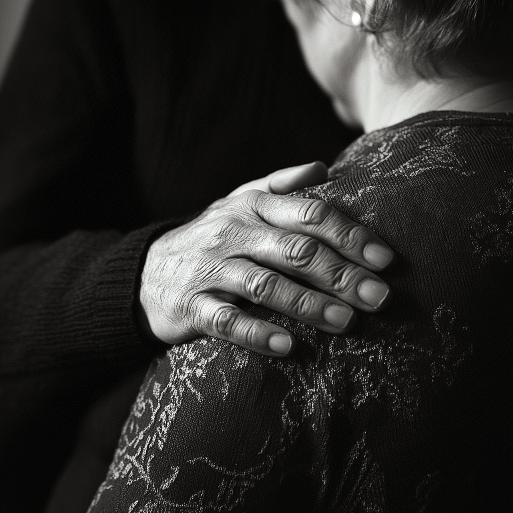 a hand resting on a person's shoulder