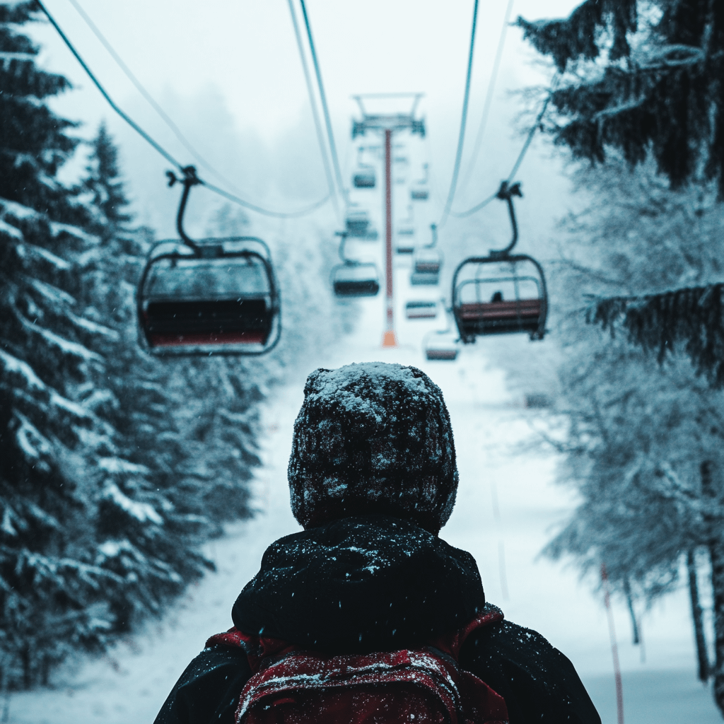 A person looking up at a ski lift