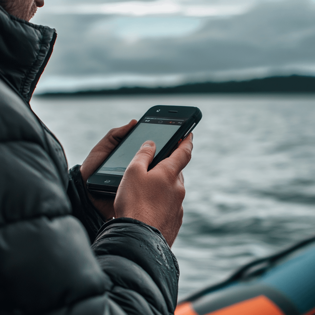 a person using their cell phone while standing on a boat