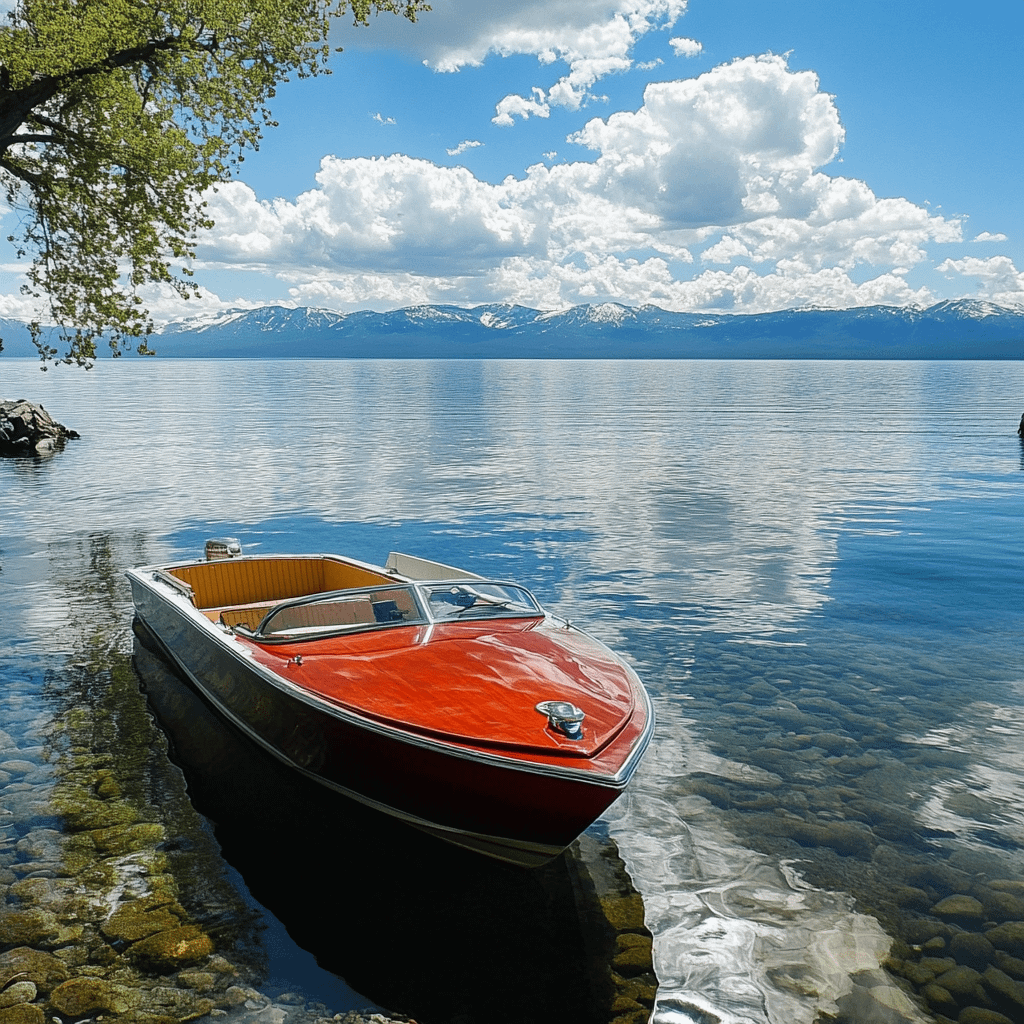 a boat sitting in the water on lake tahoe