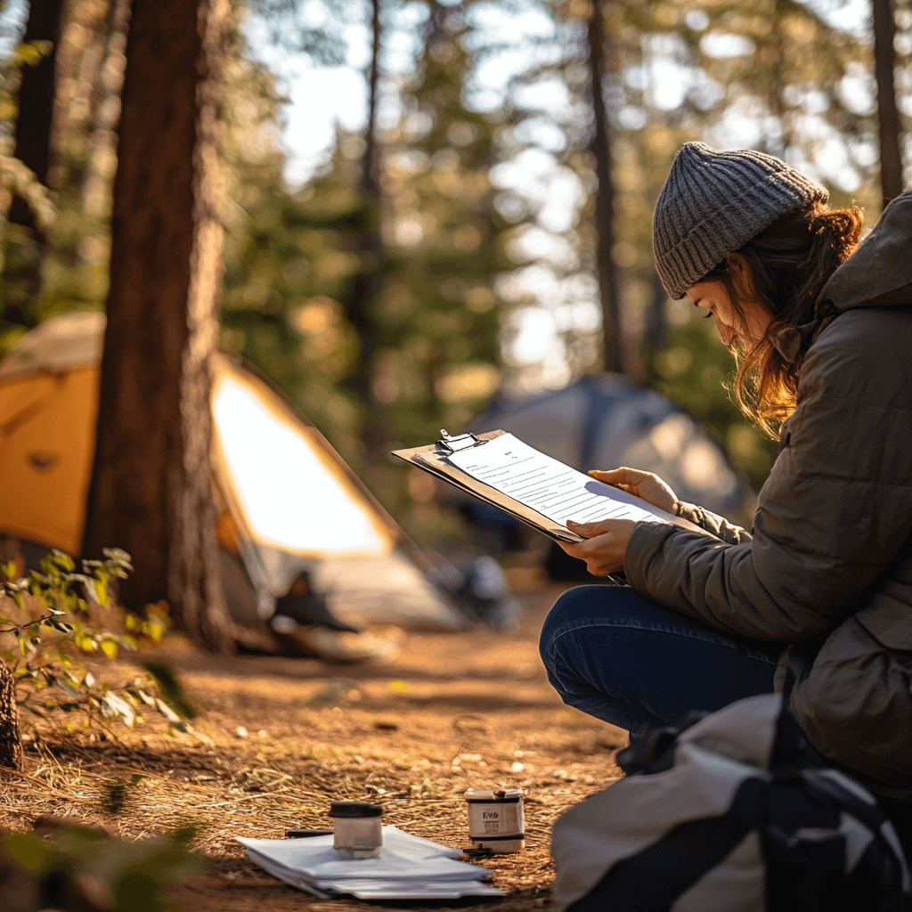 a person looking at a clipboard while sitting at a campground