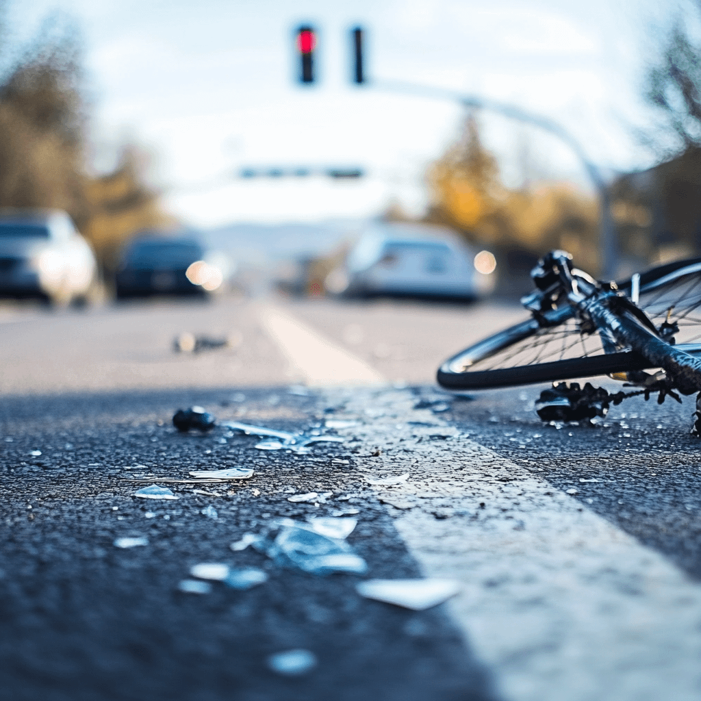 a broken bicycle lying on the road surrounded by shards of glass