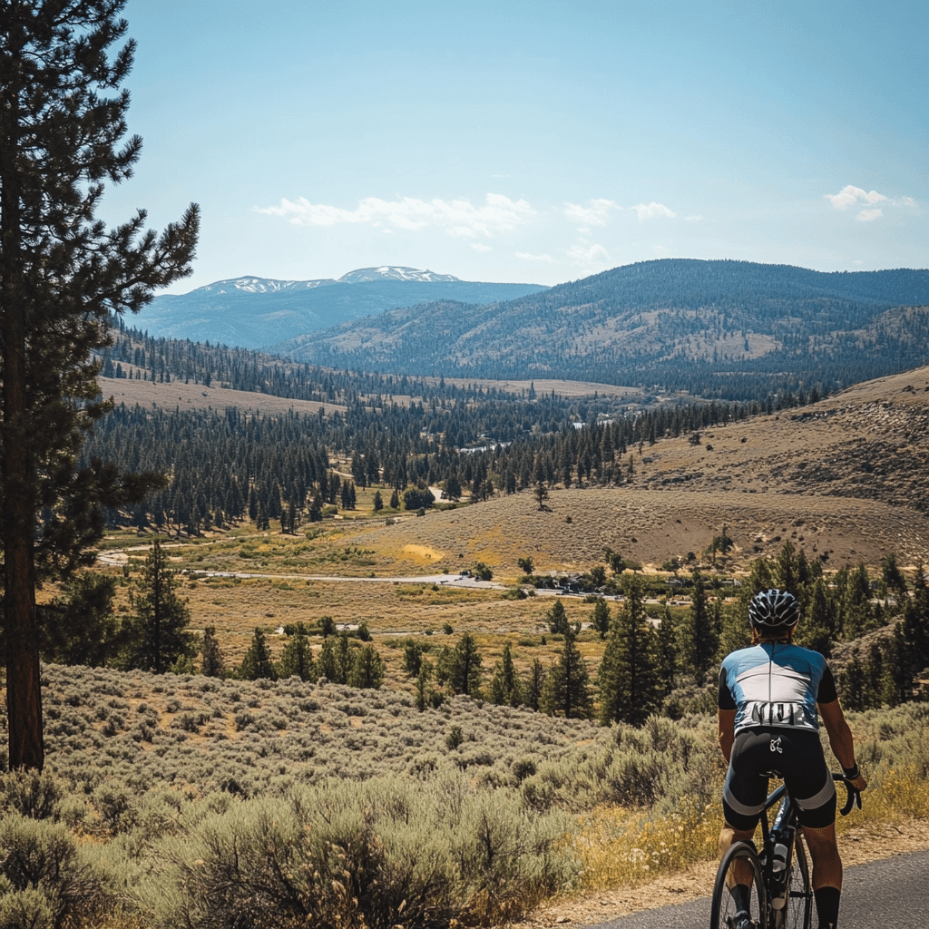A cyclist looking out over a hilly landscape in california