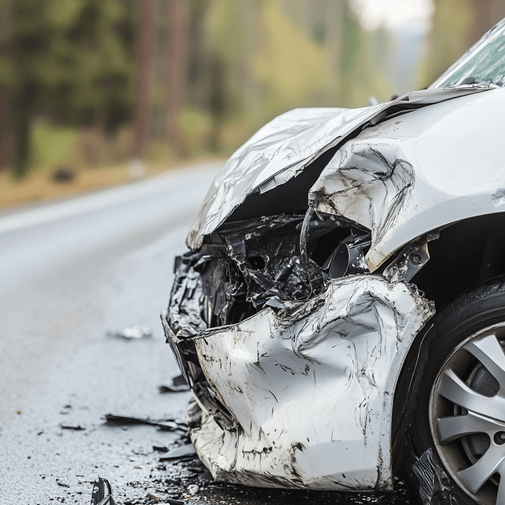 a closeup of the crumpled bumper of a white car