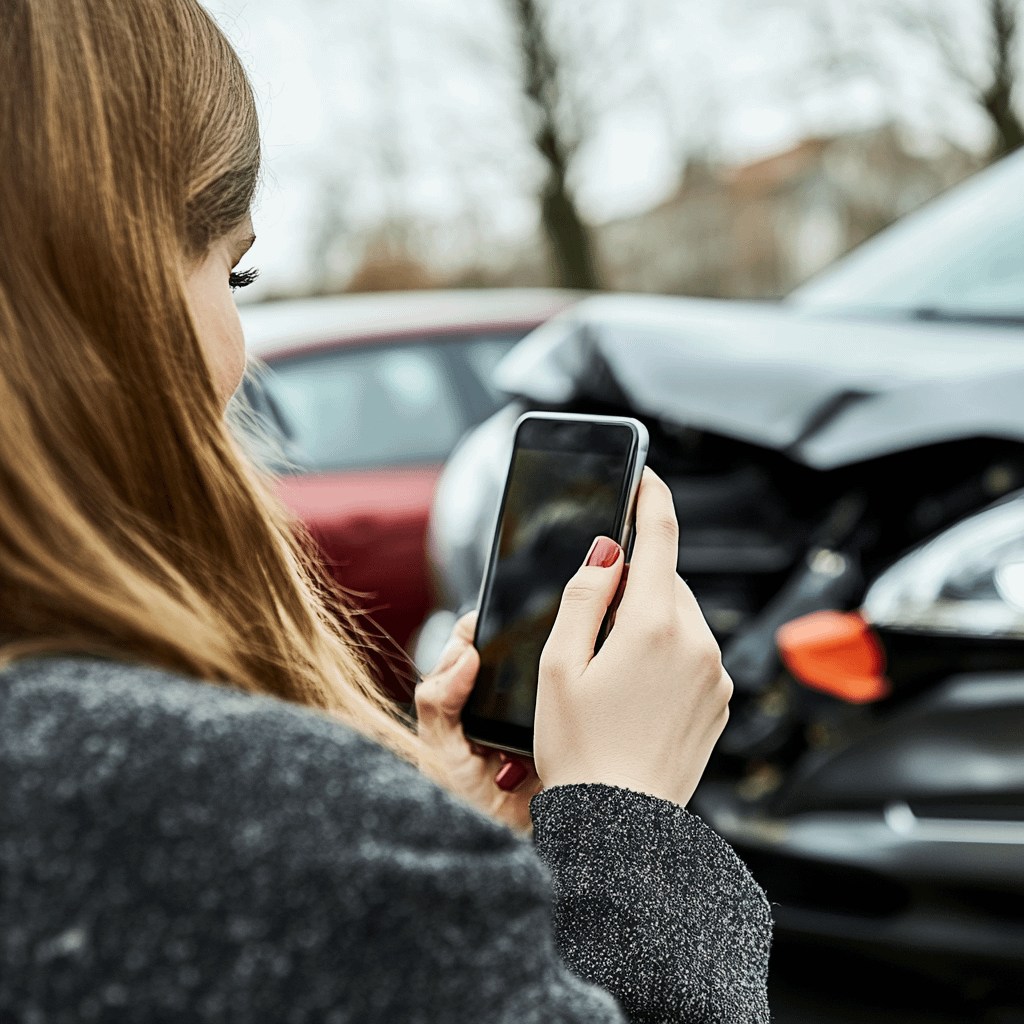 a woman looking at her phone while standing in front of a wrecked car