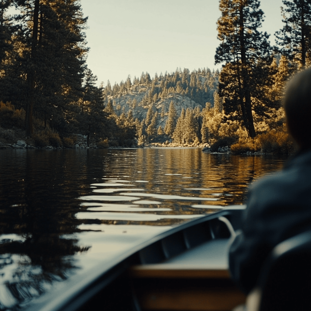 a person sitting in a small boat while out on a lake in california