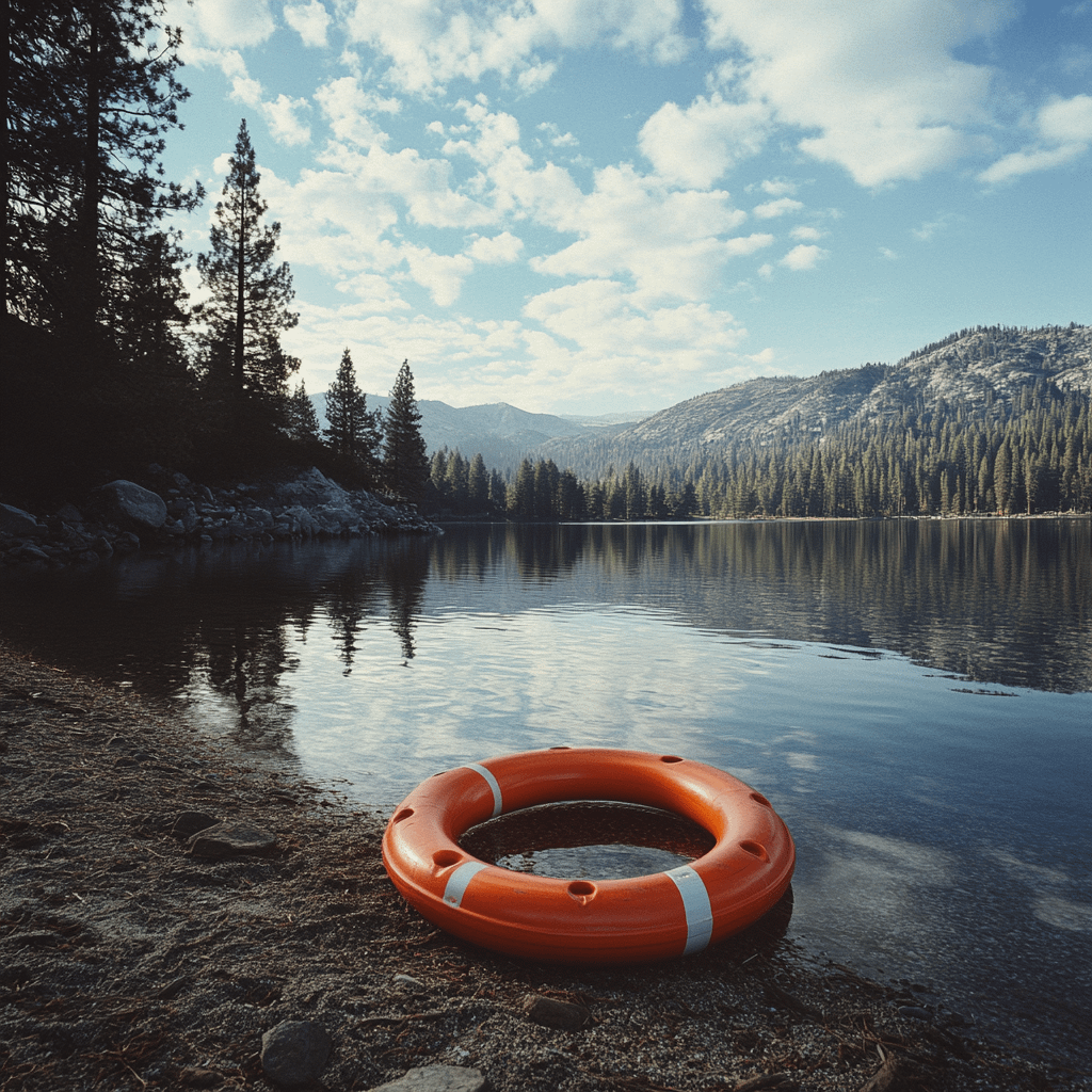 a life ring lying on the shore of a lake in california