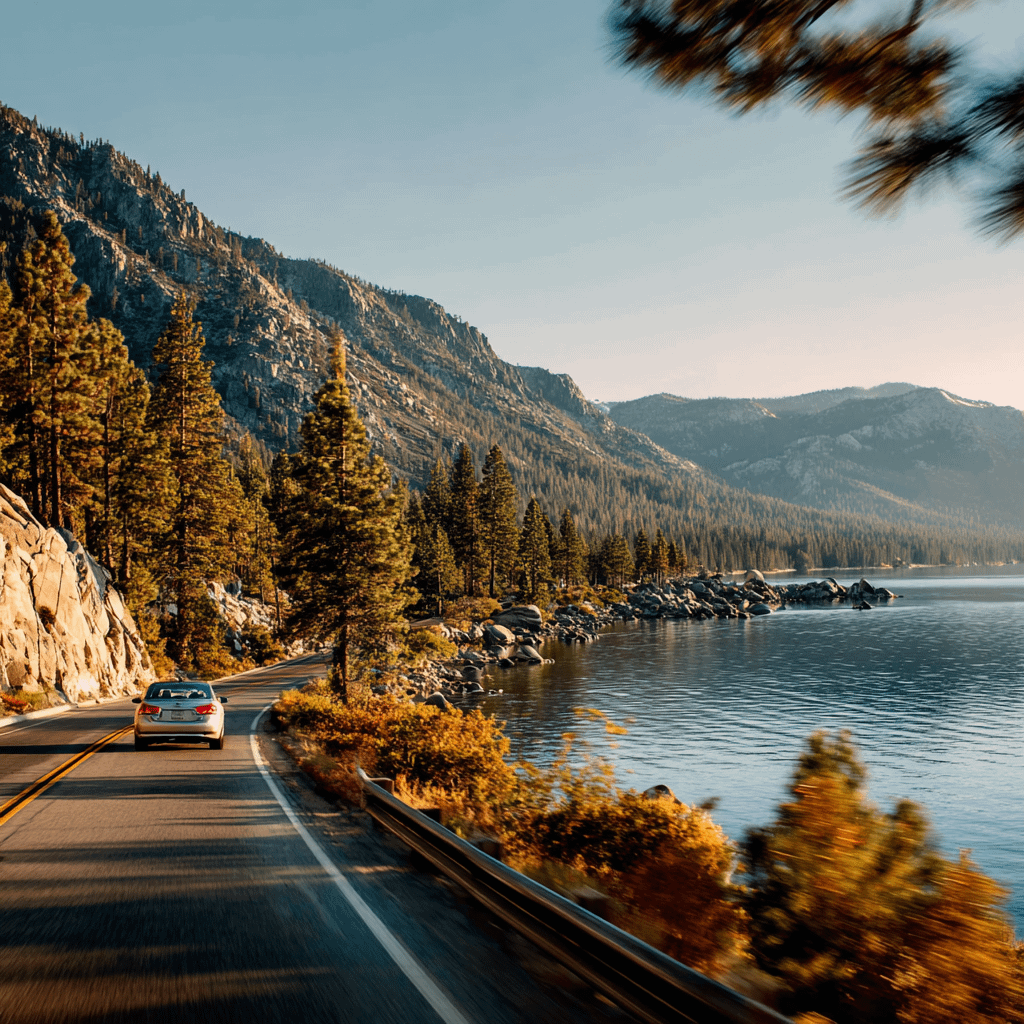 car driving along the road beside lake tahoe