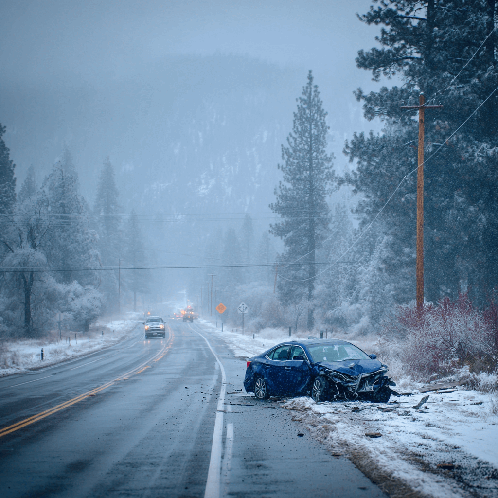 a crashed car on the road in nevada during winter