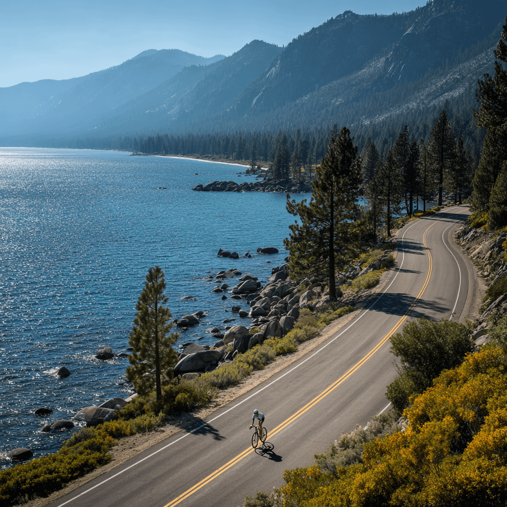 a cyclist on the road near lake tahoe
