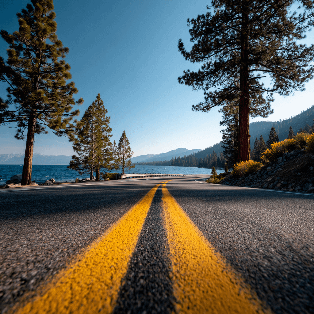 a closeup of a roadway near lake tahoe