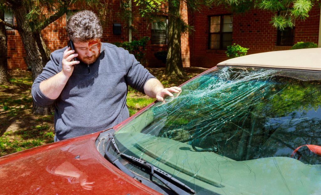 Man with a bleeding forehead standing next to a car with a severely cracked windshield, holding a phone to his ear while inspecting the damage in a residential outdoor area.